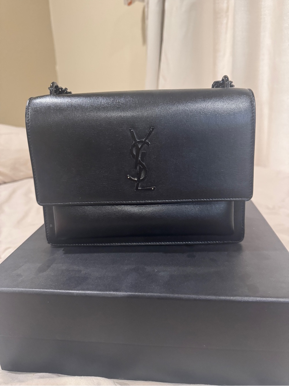 Saint Laurent (YSL) Sunset Medium Bag in Black Leather with Matte Black Hardware